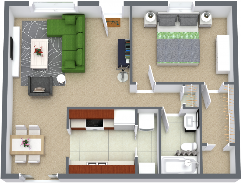 Floor plan for 1 bed, 1 bath, 666 sqft